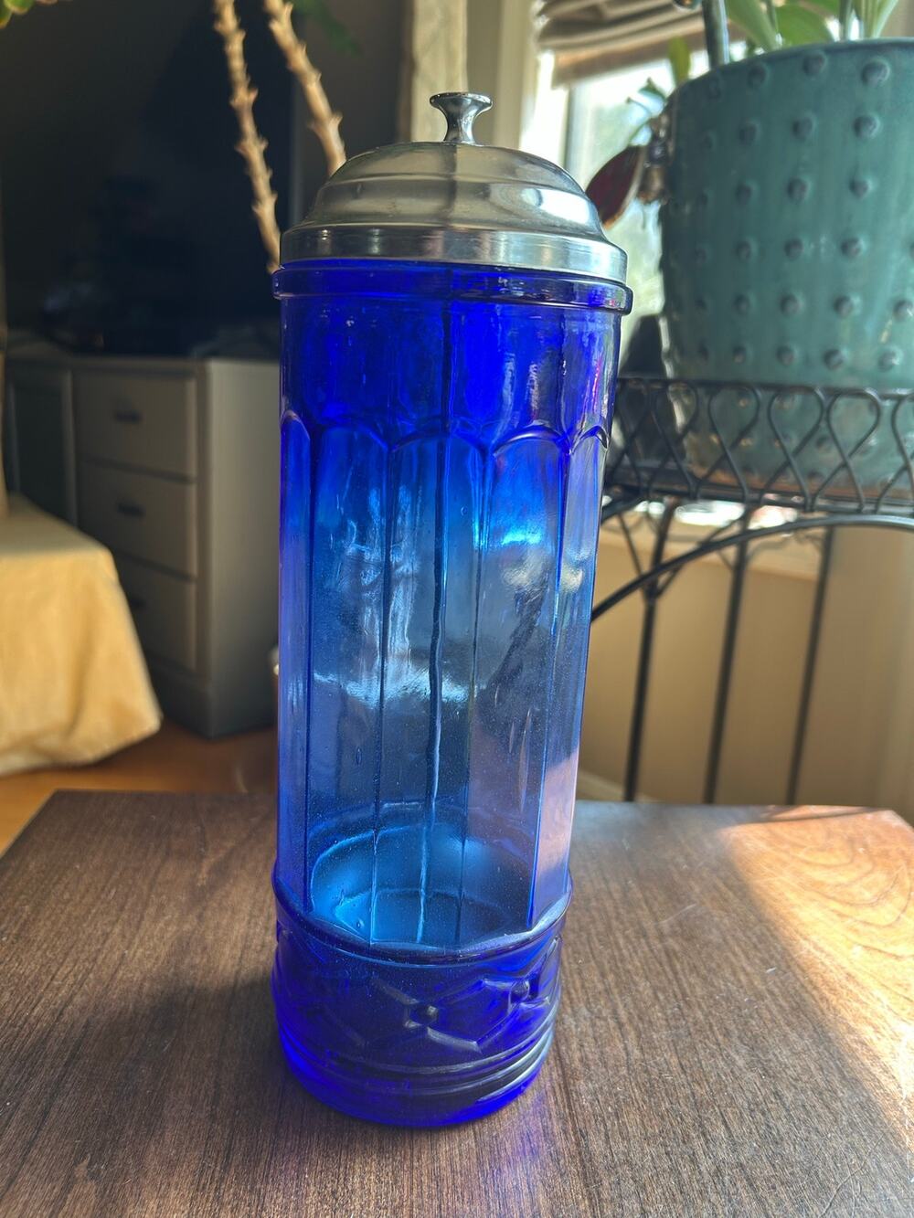 11" COBALT BLUE GLASS & CHROME STRAW HOLDER DISPENSER VINTAGE SODA KITCHEN